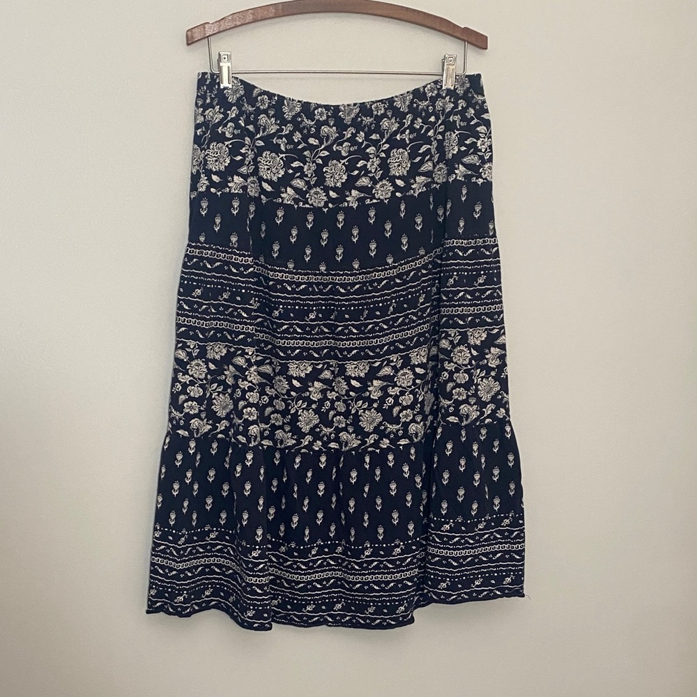 Charter Club Black and Cream Floral A-Line Tiered Skirt 90s Boho